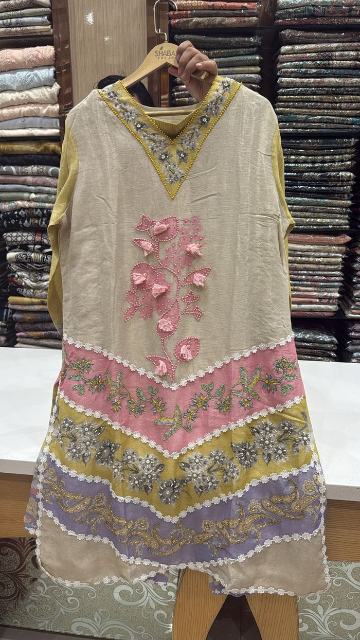 Cotton Shimmer Digital Print Suit with Handwork Detailing