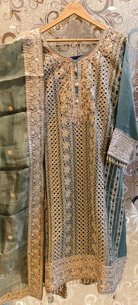 Elegant Zari Cutwork Suit with Handcrafted Neckline in Peach, Green, and Grey