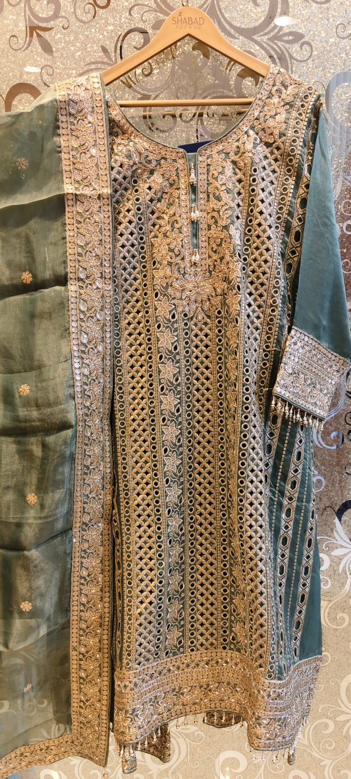 Elegant Zari Cutwork Suit with Handcrafted Neckline in Peach, Green, and Grey