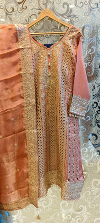 Elegant Zari Cutwork Suit with Handcrafted Neckline in Peach, Green, and Grey