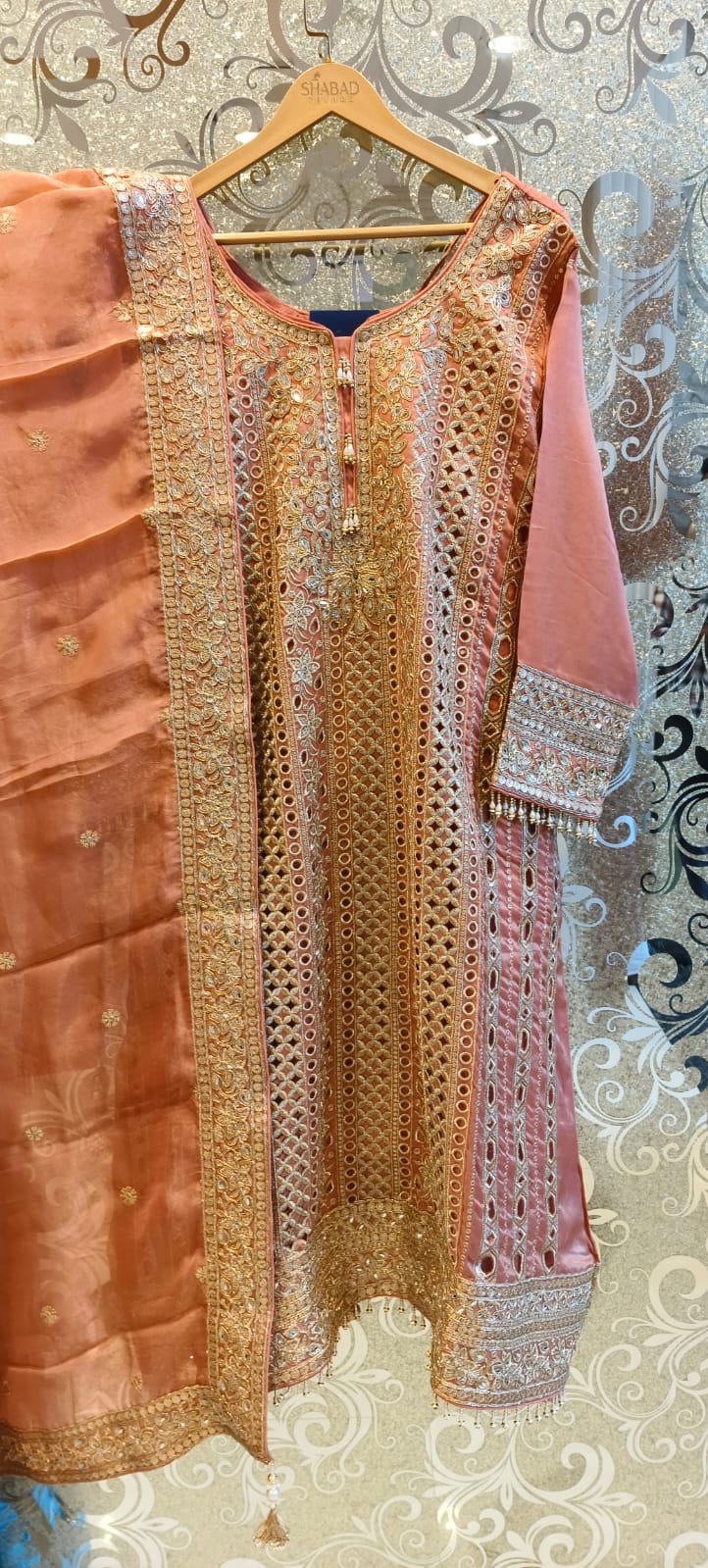 Elegant Zari Cutwork Suit with Handcrafted Neckline in Peach, Green, and Grey