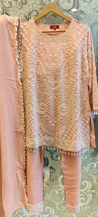 Straight Suit with Pearl Detailing, Tassel Accents, and Matching Dupatta