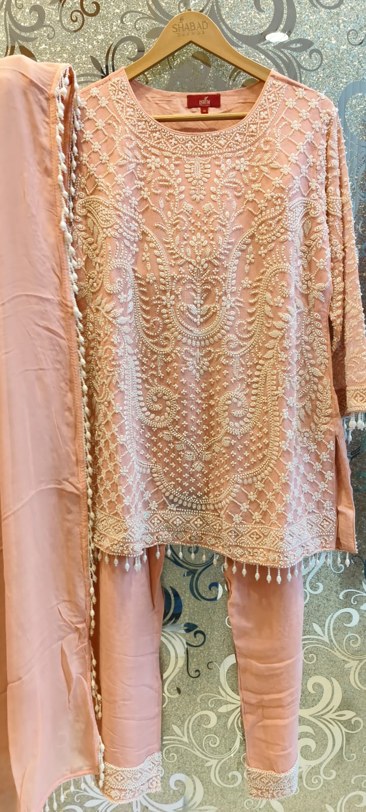 Straight Suit with Pearl Detailing, Tassel Accents, and Matching Dupatta