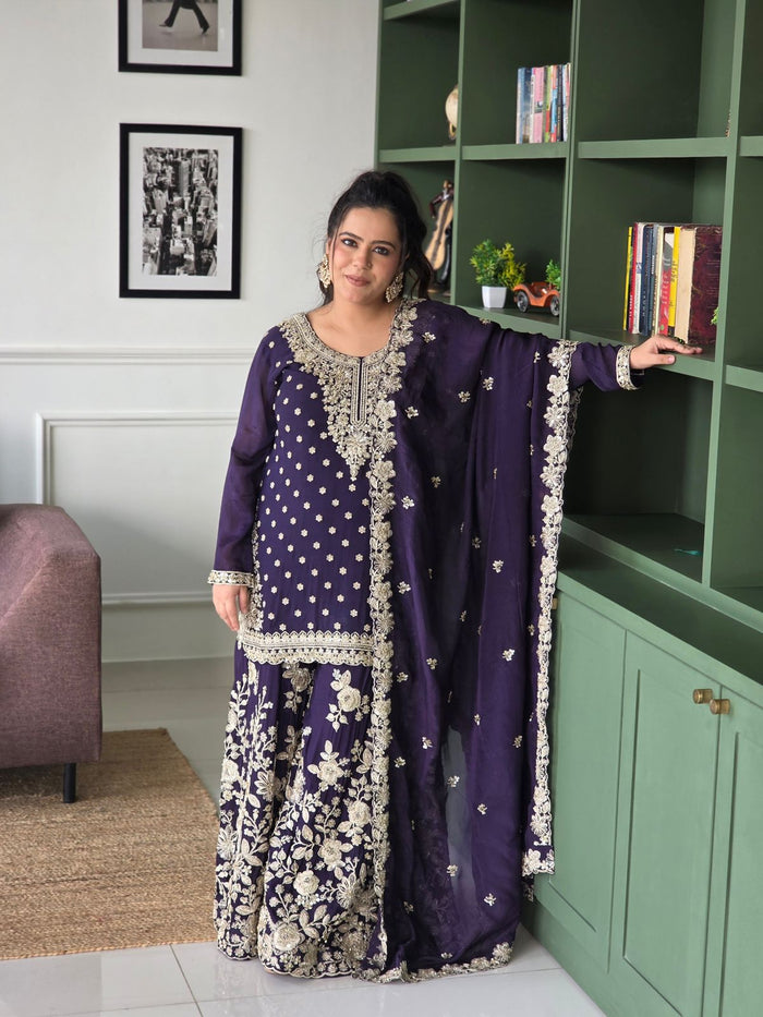 Dori Work Suit with Hand-Embellished Nalki, Cutdana, Pearls & Sequin Detailing