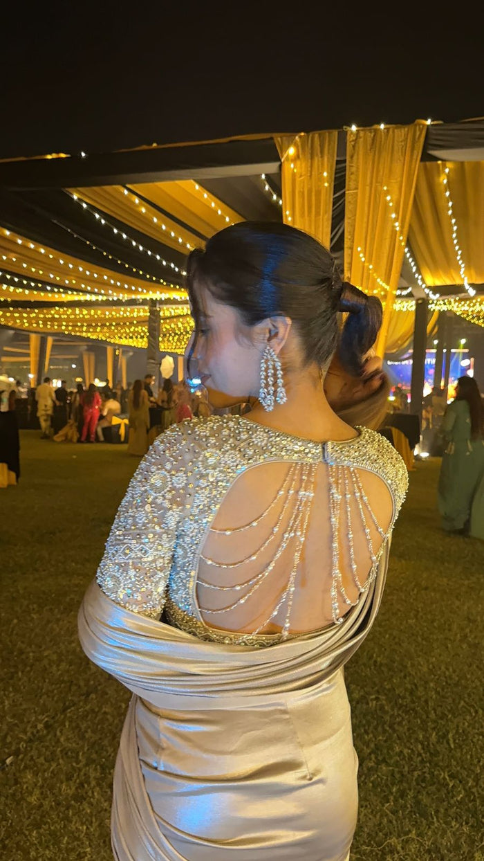 Golden Sequin Work Tube Blouse with Satin Saree