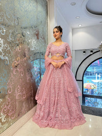 Sparkling Pink Net Lehenga with Jarkan & Sequin Embroidery