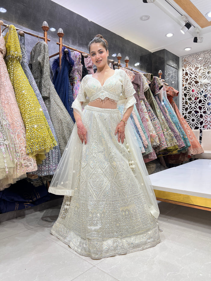 Enchanting White Net Lehenga with Mirror Magic