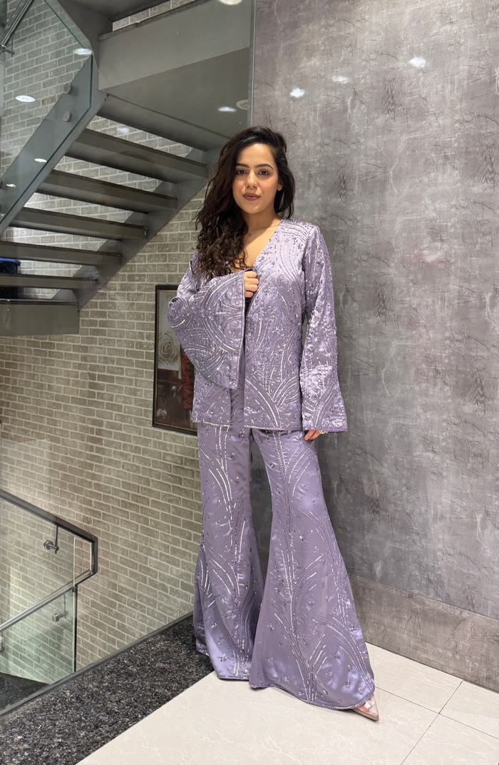 Lavender Handwork Satin Pant Set with Cut Dana Coat