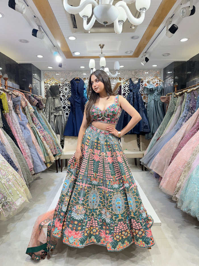 Emerald Green Embroidered Silk Lehenga Set