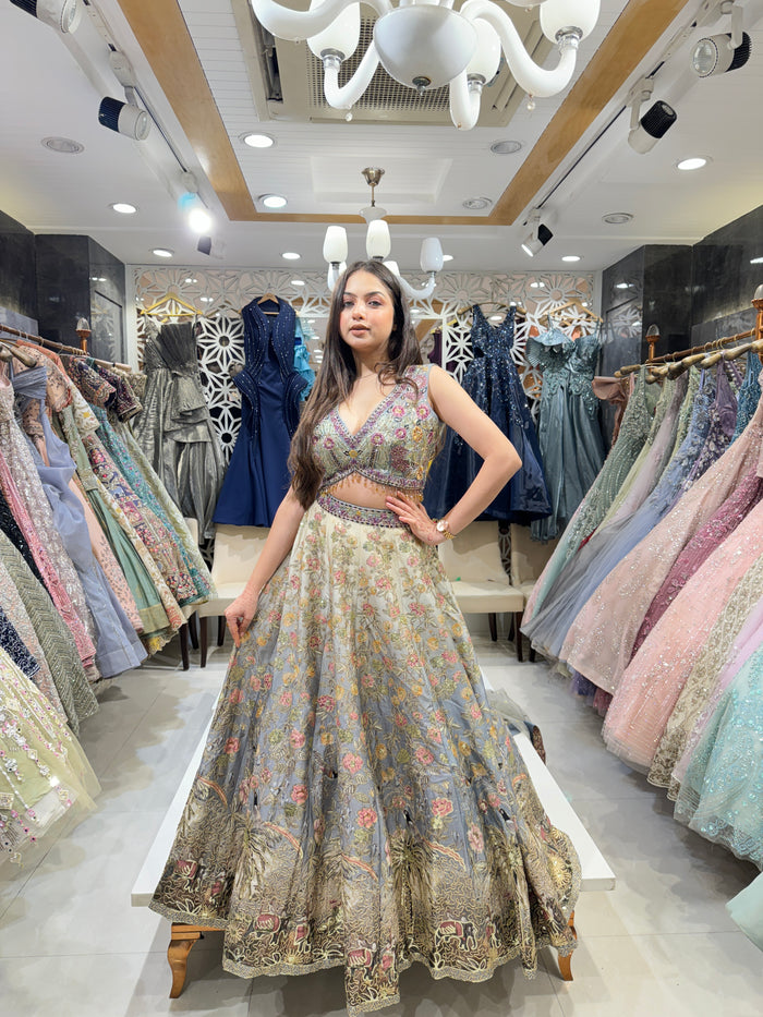 Grey Silk Lehenga with Intricate Embroidery