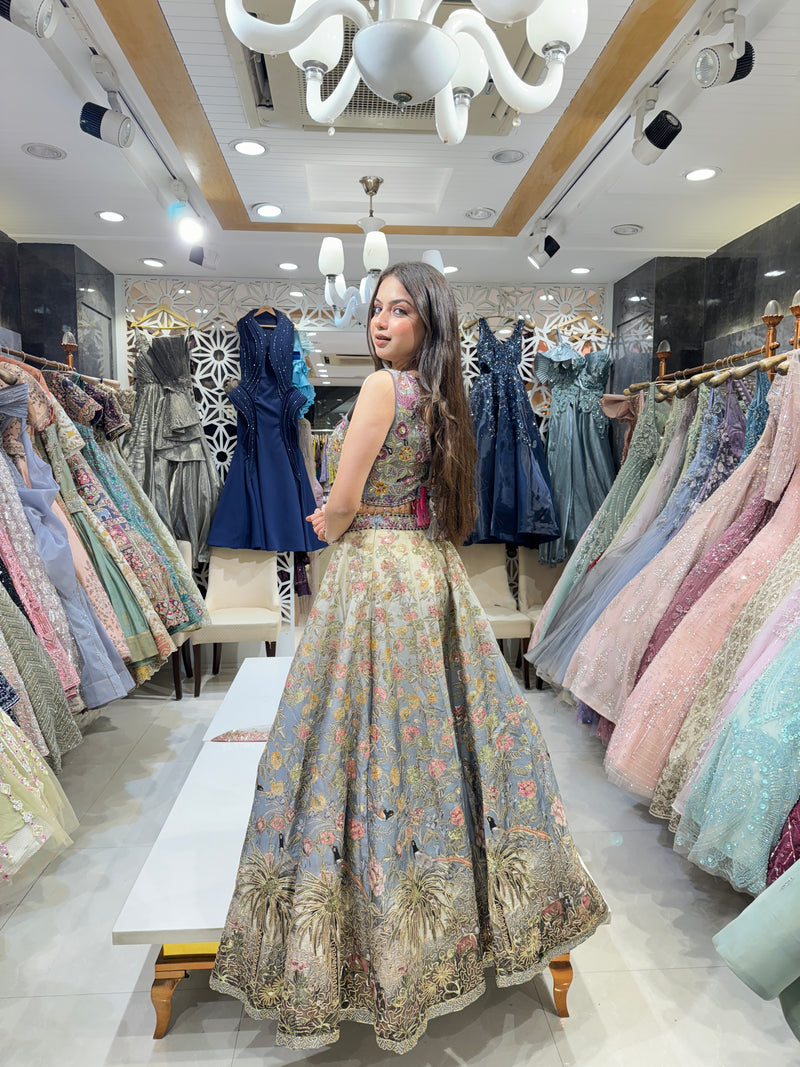 Grey Silk Lehenga with Intricate Embroidery