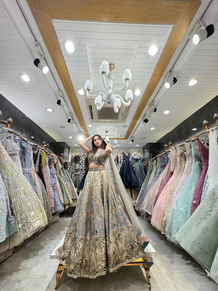 Grey Silk Lehenga with Intricate Embroidery