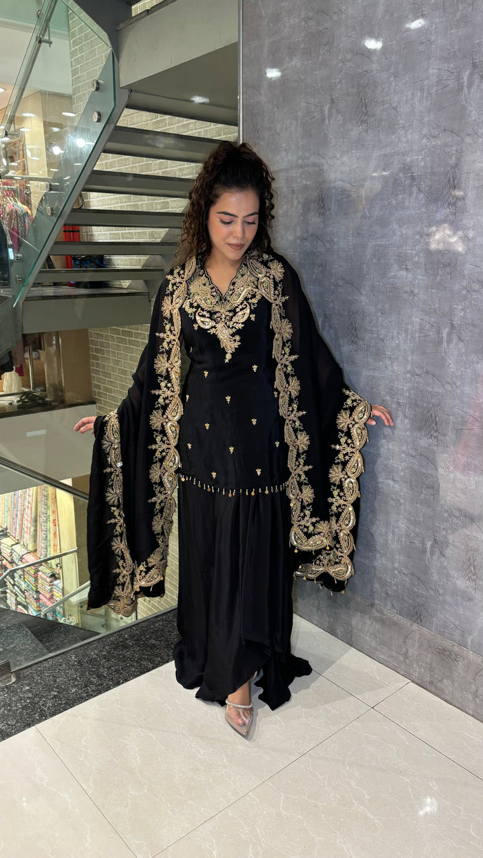 Black Crepe Draped Skirt Set with Gold Embroidery