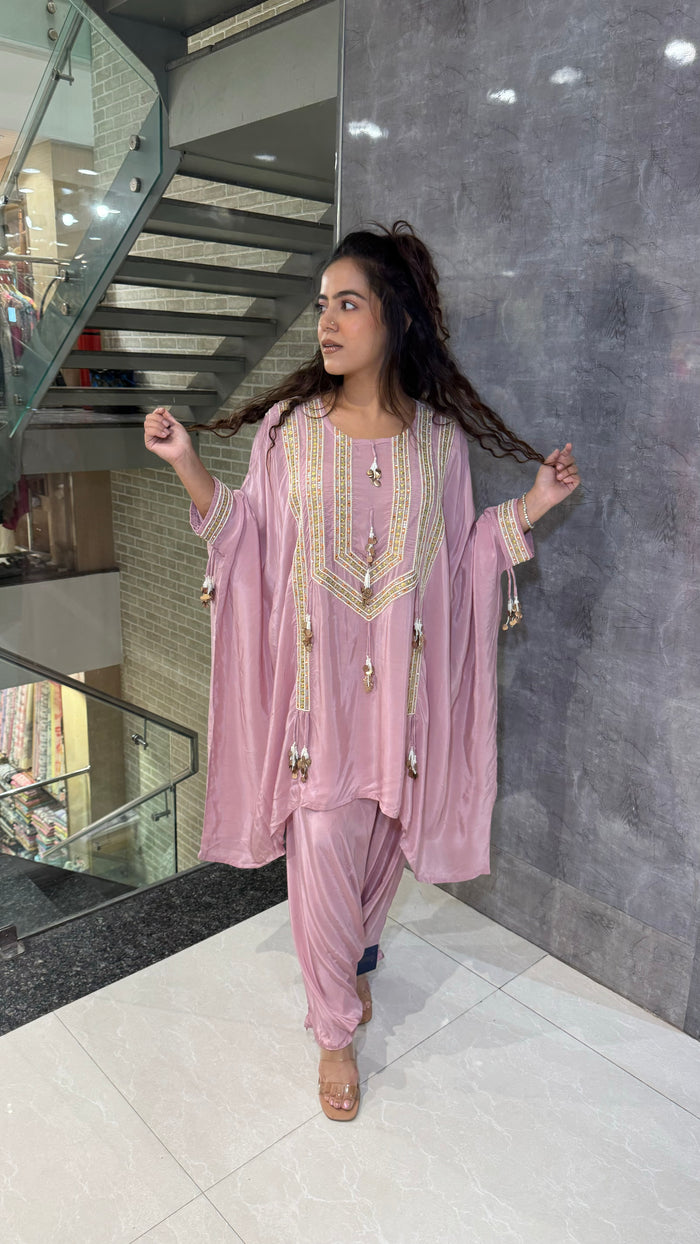 Elegant Crepe Kaftan Set with Pearl Detailing & Coin Tassels