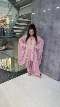 Elegant Crepe Kaftan Set with Pearl Detailing & Coin Tassels