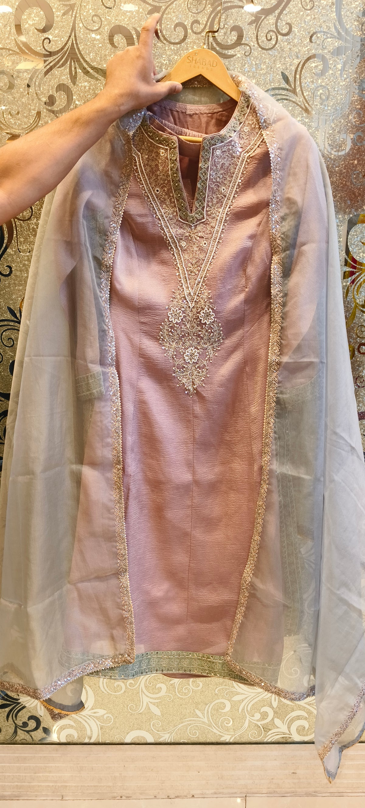 Ethereal Tissue Shimmer Suit – Elegant Festive Ensemble
