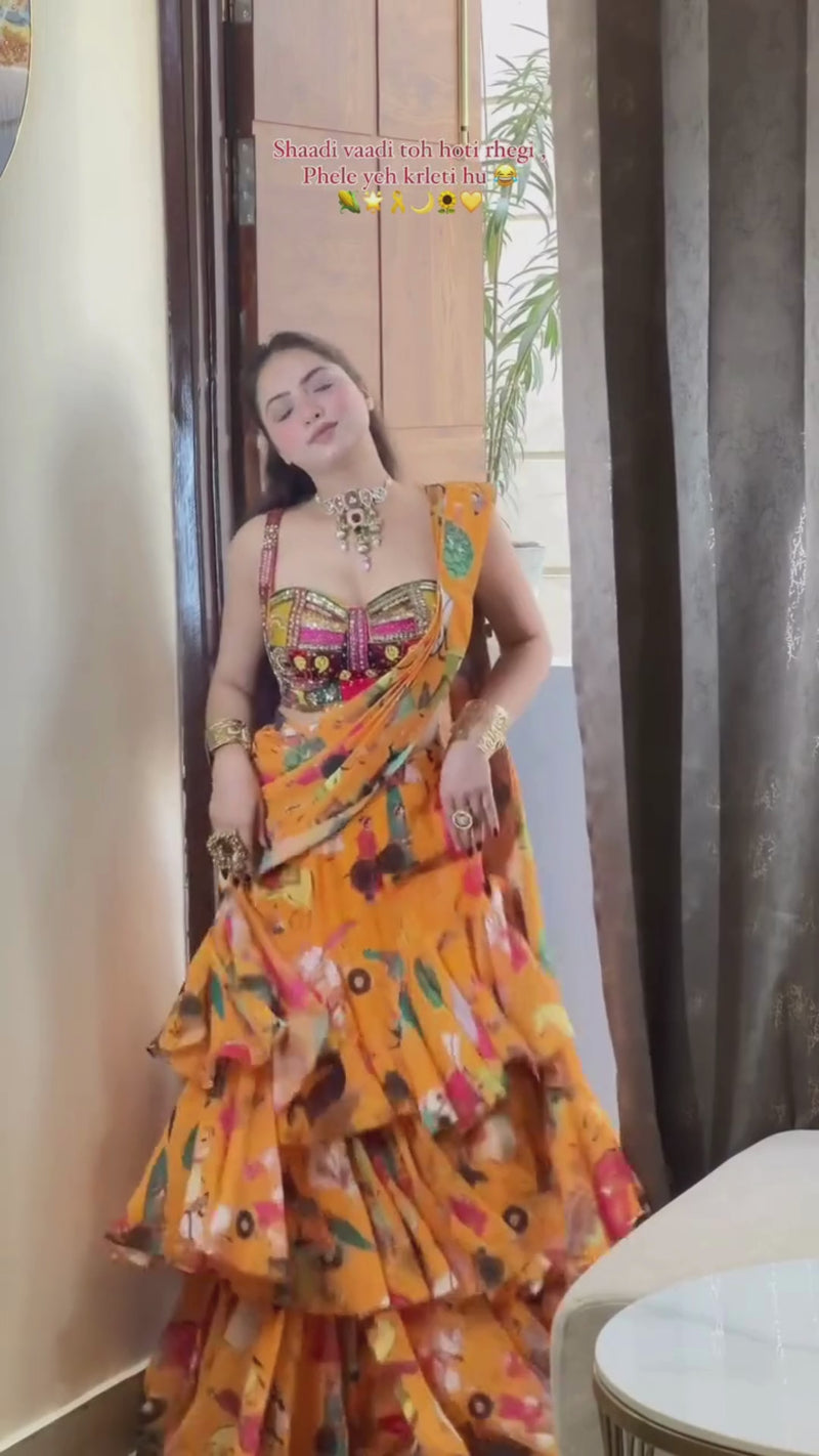 Drape Saree with Handwork Blouse & Digital Print Skirt